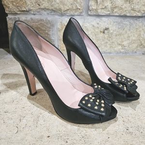 RED VALENTINO Black Leather Peep Toe Pumps with Gold Studded Bow Size 38 $450